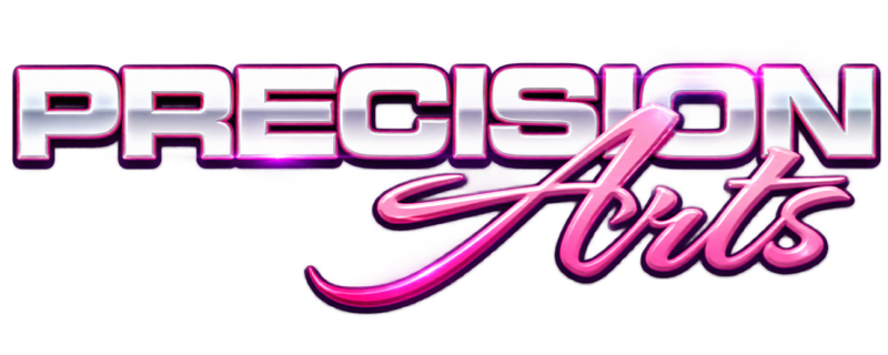 Brand logo reading 'PRECISION Arts' with metallic uppercase 'PRECISION' and pink cursive 'Arts'