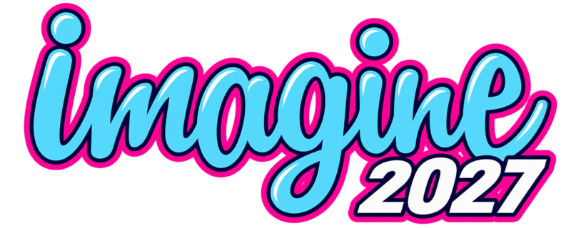 Stylized logo reading 'imagine 2027' in bright blue cursive with a pink outline and white 2027 text.
